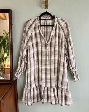 Free People Red Moon Plaid Gauze Tunic Mini Dress S/P Boho